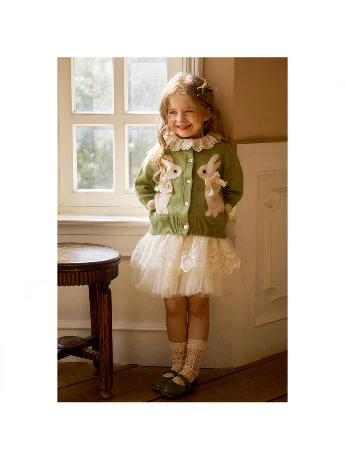 Girls Bunny Jacquard Cardigan, Green Button-Front Knit Sweater with Long Sleeves and Ribbed Cuffs and Hem for Spring Outings and Fall Layering