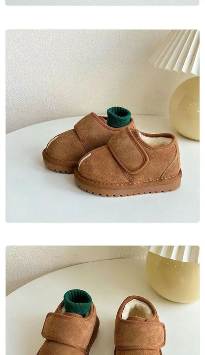 Hook-and-Loop Toddler Winter Ankle Boots with Faux Suede Upper and Plush Lining, Brown Apricot or Black Short Shoes for Boys and Girls in Sizes 21–30