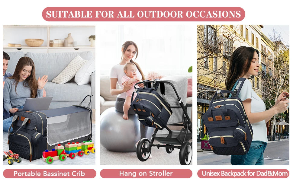 Diaper Backpack with USB Port and Fold-Out Changing Station, Type 1 and Type 3 Baby Essentials Bag with Organized Storage for Moms and Dads