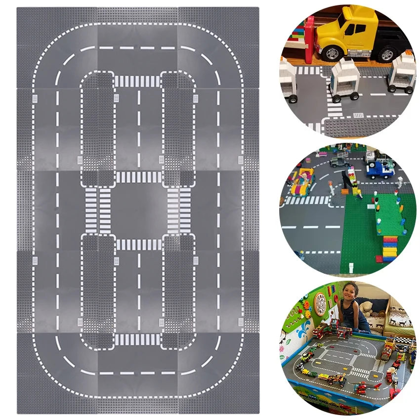 City Road Building Block Base Plates, 25.5 x 25.5 cm Single-Sided Street Panels for Brick Town Layouts, Traffic Scenes and Creative Construction Play
