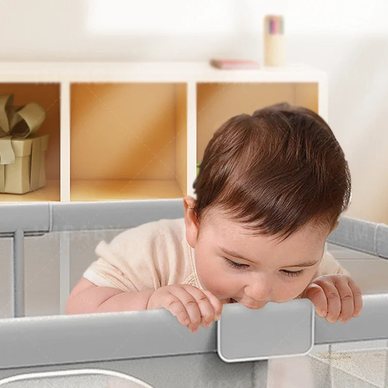 Baby Playpen with Pull Rings by IMBABY, Light Gray Mesh Activity Fence with Zippered Door and Multiple Size Options for Supervised Play