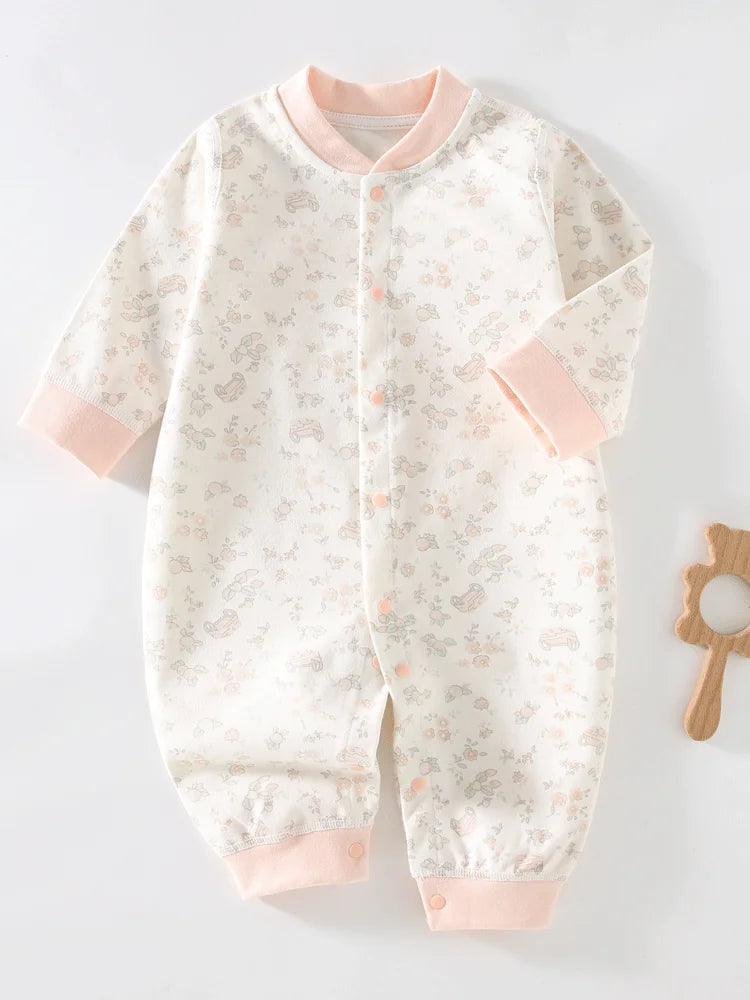 Long Sleeve Cotton Baby Romper with Front Snaps and Footless Cuffs, Animal Prints and Solid Colors for Boys and Girls, Sizes 59-90 cm