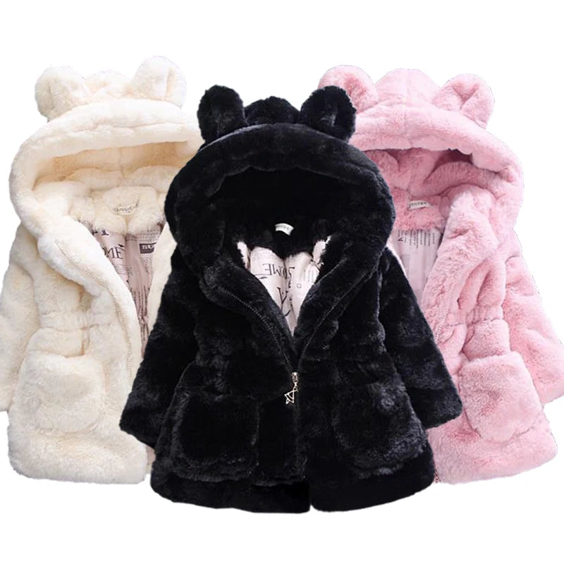 Girls Faux Fur Winter Coat with Bear Ear Hood and Zip Front, Plush-Look Toddler Jacket in Red, Beige, Black or Pink, Sizes 2T–7T