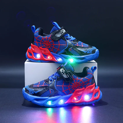 Motion-Activated Light-Up Sneakers for Kids, MGO Breathable Mesh Shoes with Spider-Web Pattern and LED Soles in Red, Blue or Black