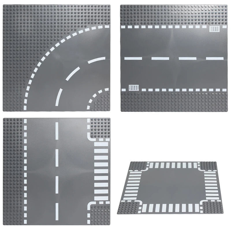 City Road Building Block Base Plates, 25.5 x 25.5 cm Single-Sided Street Panels for Brick Town Layouts, Traffic Scenes and Creative Construction Play
