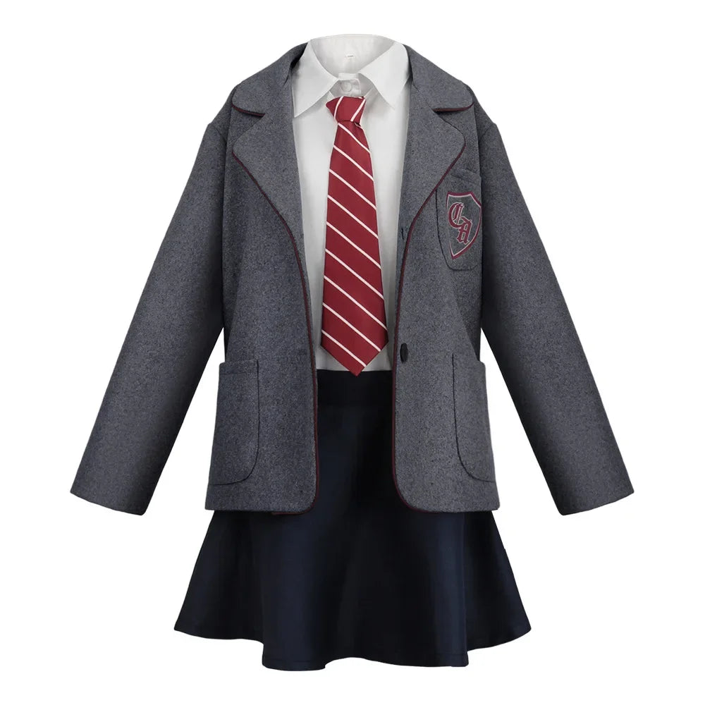 Matilda School Uniform Costume for Girls and Women, Grey Blazer and Dark Skirt with Striped Tie for Musical Cosplay and Halloween Parties