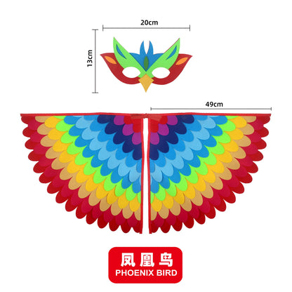 Kids Bird Wings and Mask Costume Set with Layered Felt Feather Cape, Colorful Animal Dress-Up for Halloween, Birthday Parties and Stage Performances