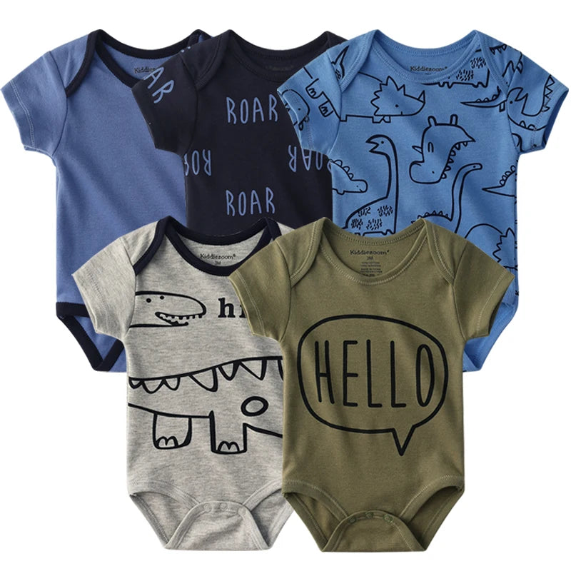 Infant Cotton Bodysuits 5-Pack with Short Sleeves and Envelope Shoulders, Solid Colors and Playful Prints for Baby Boys and Girls, Sizes 3M-12M