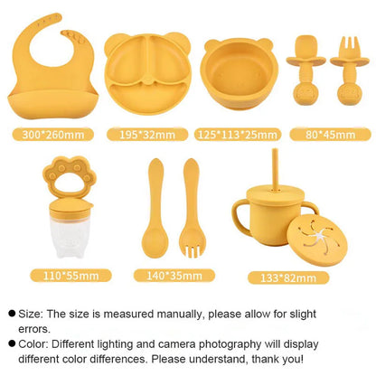 Ten-Piece Personalized Baby Feeding Set with Panda Divided Plate, Suction Bowl, Pocket Bib, Straw Cup and Utensils in Nine Color Options