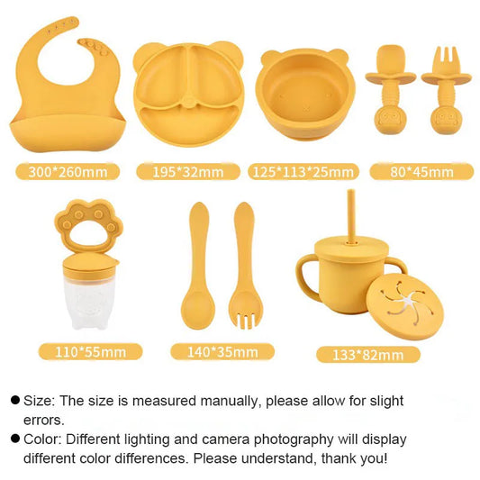 Ten-Piece Personalized Baby Feeding Set with Panda Divided Plate, Suction Bowl, Pocket Bib, Straw Cup and Utensils in Nine Color Options