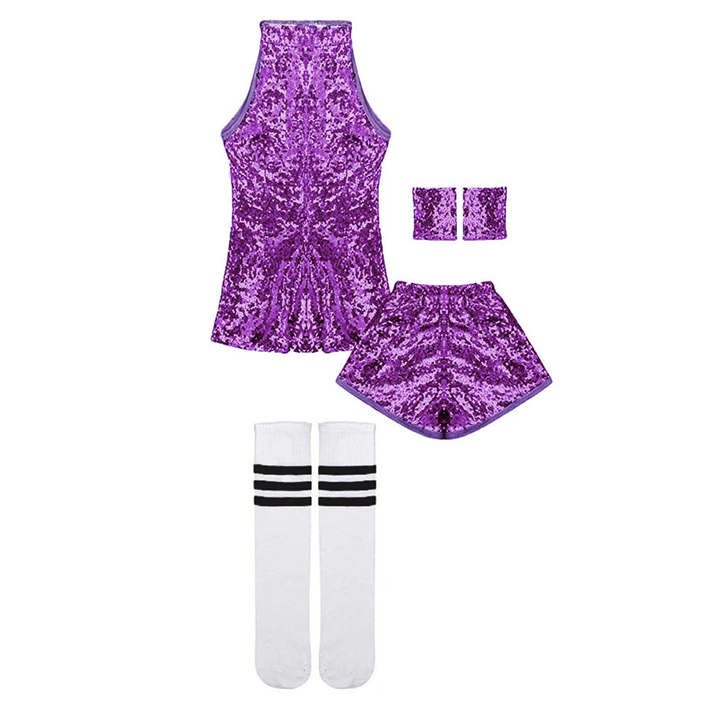 Girls Sequin Jazz Dance Costume with Sleeveless A-Line Dress, Shorts, Socks and Wristbands, Sparkly Hip Hop Stage Outfit for Ages 4-12