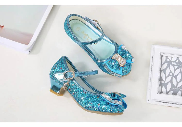Bow-Accent Glitter Mary Jane Shoes for Girls with Buckled Strap and Block Heel, Sparkling Princess Dress Shoes for Parties and Weddings