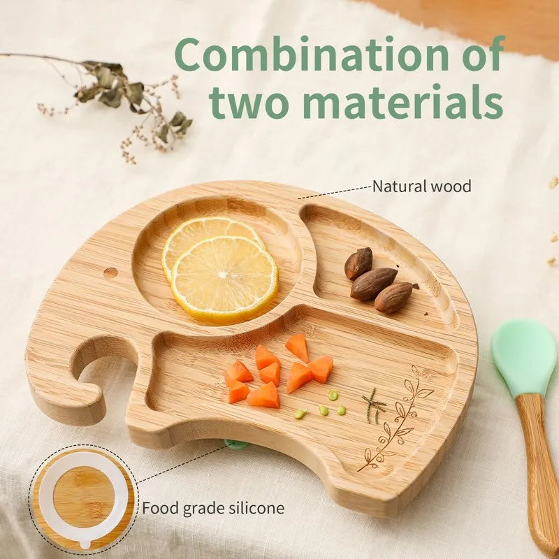 Bamboo Baby Tableware Set with Animal Plate Designs, Bowl, Cup and Wooden-Handle Utensil Options for Supervised Infant and Toddler Mealtimes