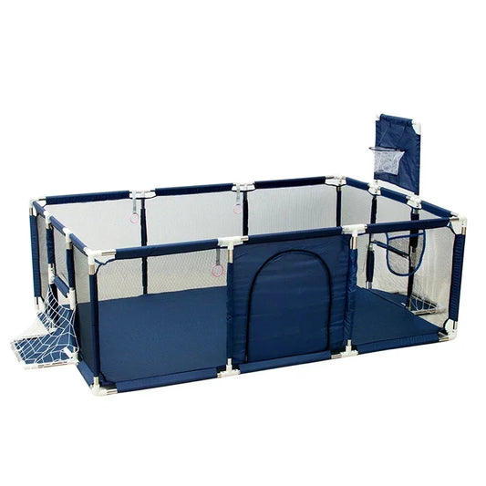 Sports Activity Baby Playpen with Mesh Sides, Steel Tube Frame and Soccer Goal Details, S or L Play Yard in Six Colors for Supervised Play