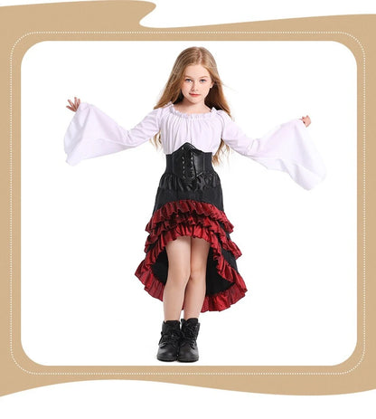 Girls Pirate Costume Set with Bell Sleeve Blouse, High-Low Skirt, Head Scarf and Lace-Up Waistband for Halloween and Dress-Up Parties