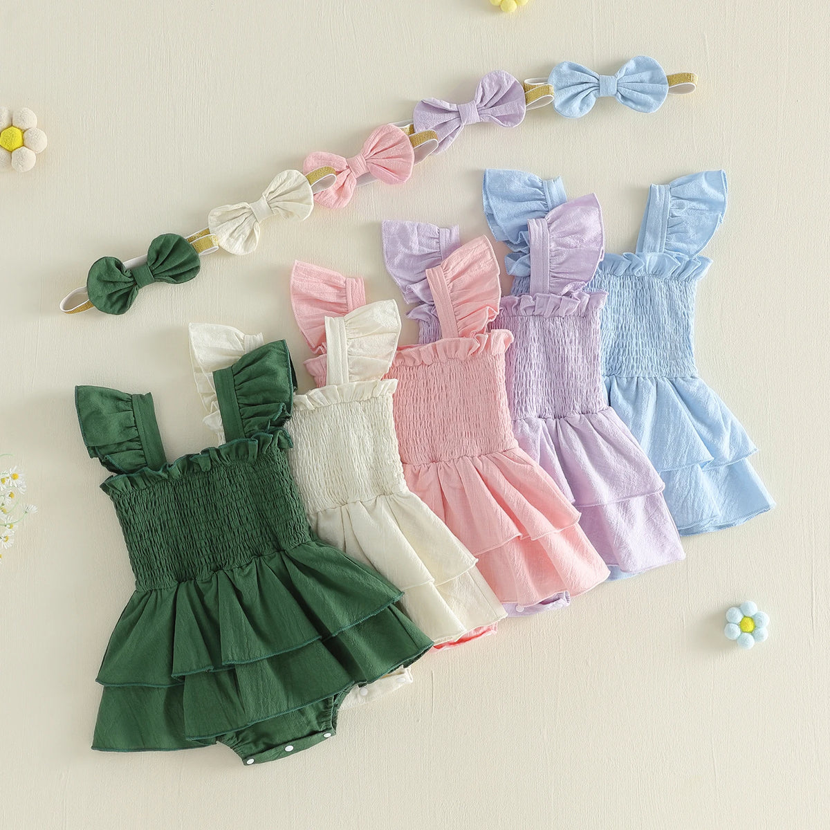 Tiered Baby Girl Romper Dress with Bow Headband, Smocked Cotton Blend Bodice and Flutter Straps, Solid Color Summer Outfit for 0-18 Months