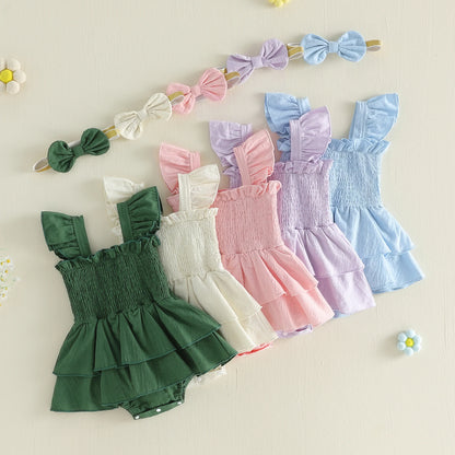 Tiered Baby Girl Romper Dress with Bow Headband, Smocked Cotton Blend Bodice and Flutter Straps, Solid Color Summer Outfit for 0-18 Months