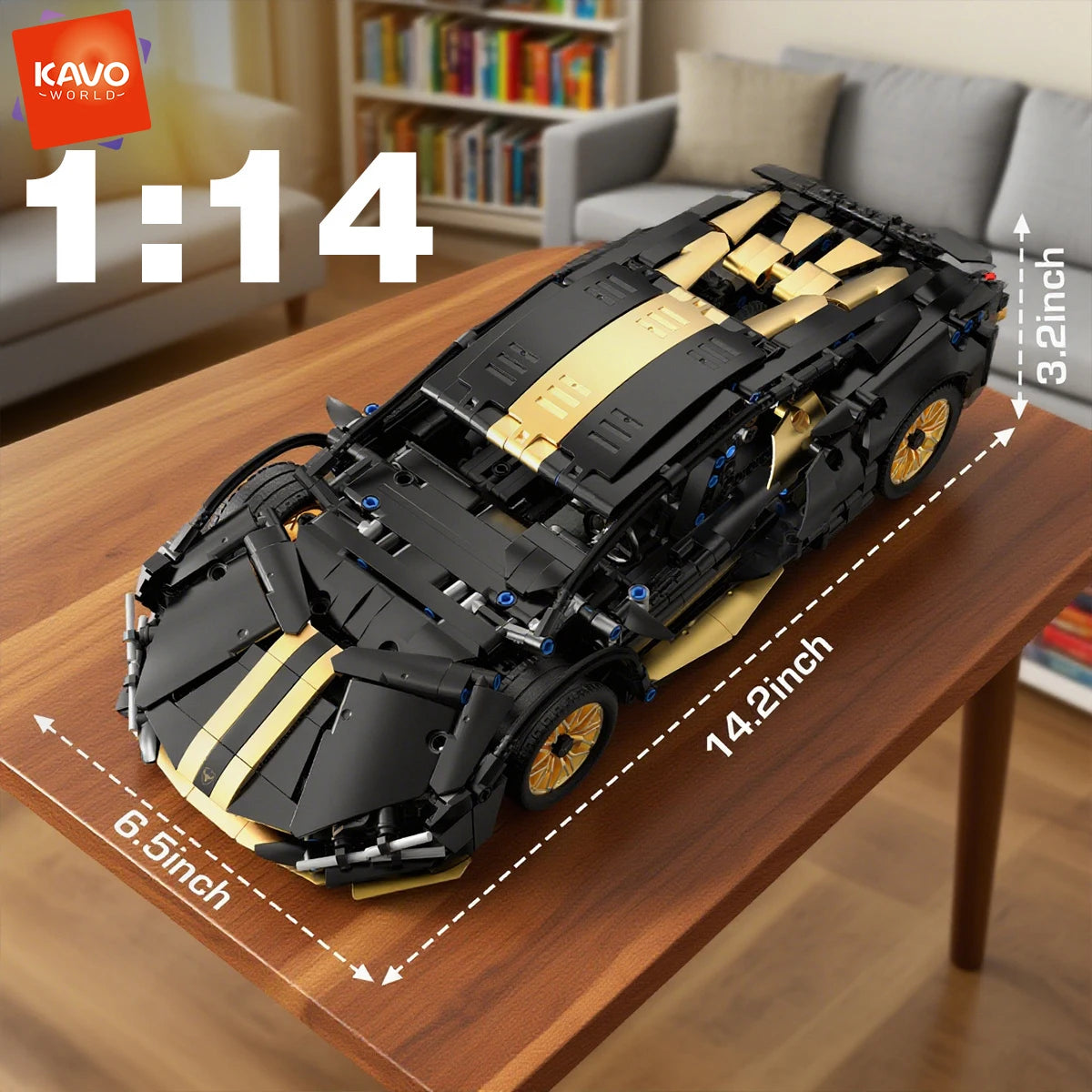 Supercar Building Set, 1280-Piece Black and Gold 1:14 Scale Sports Car Model with Adjustable Rear Wing and Opening Cockpit by KAVOWORLD