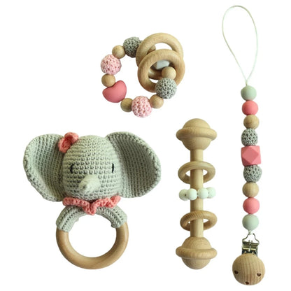 Crochet Animal Rattle Set with Wooden Ring and Coordinating Accessories, Rabbit, Deer and More Designs for Supervised Play and Baby Shower Gifts