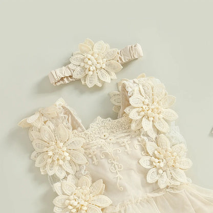 Floral Lace Baby Romper Dress with Matching Headband, Raised Flower Bodice and Sleeveless Square Neck for Parties and Milestone Photos, 0-18 Months