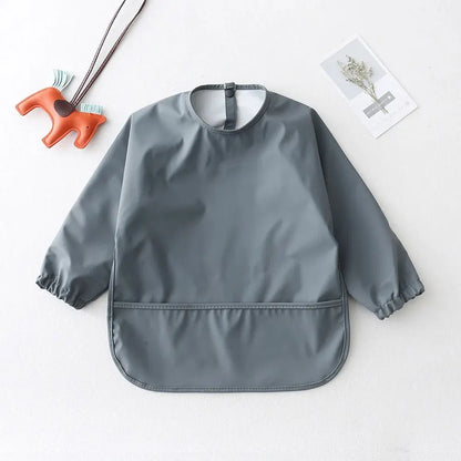 Long Sleeve Feeding Bib for Babies and Toddlers, Solid Color Polyester Mealtime Apron with Front Pocket for Snacks and Messy Art Play