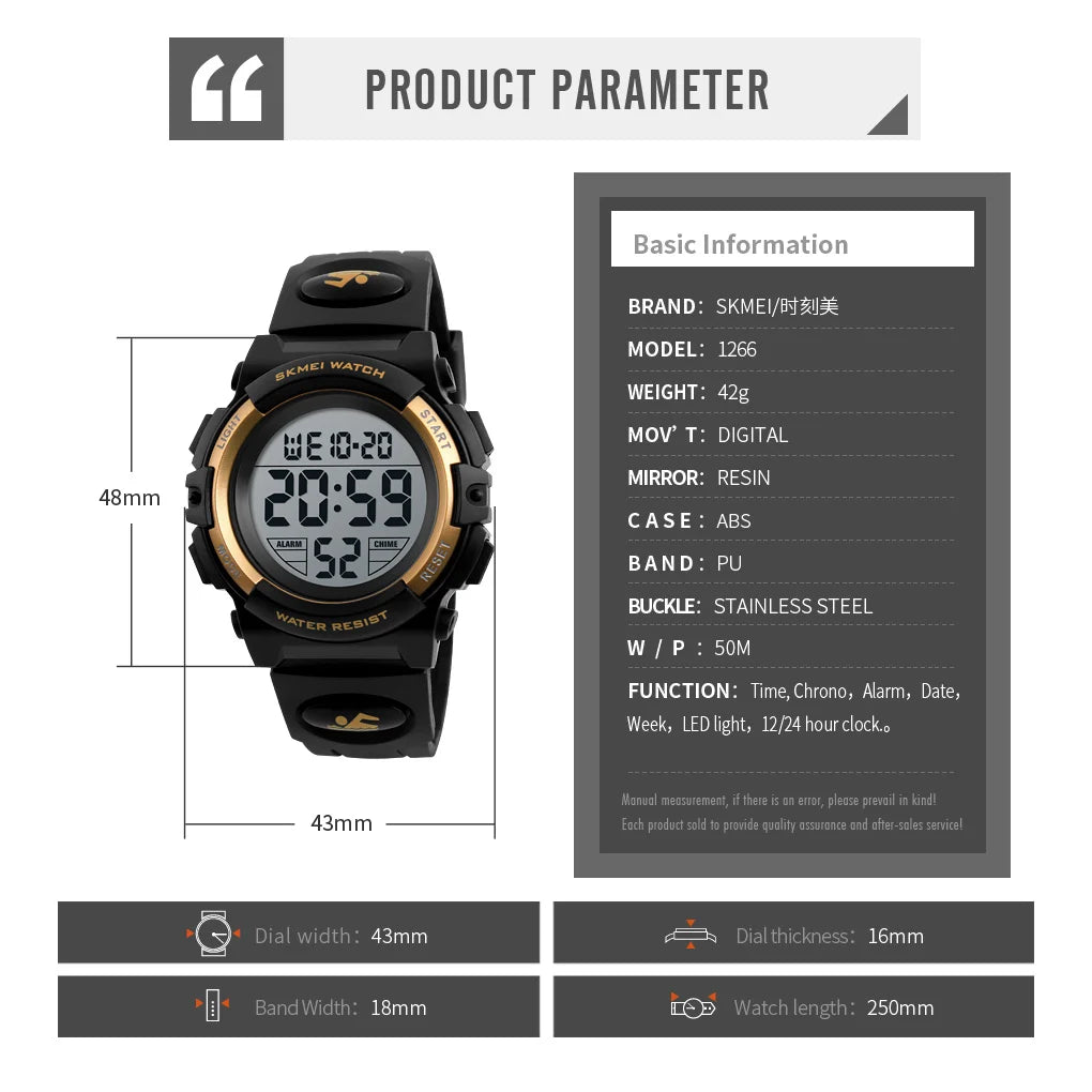 Kids Digital Sports Watch, SKMEI LED Chronograph Wristwatch with 5Bar Water Resistance, Round Display and PVC Buckle Strap for Boys and Girls