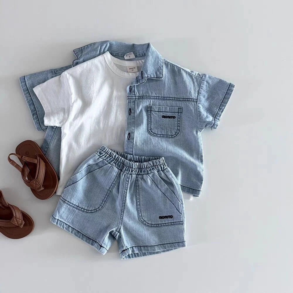 Toddler Denim Shirt and Shorts Set with Short Sleeves, Button Front and Elastic Waist, Dark or Light Blue Two-Piece Outfit for Boys and Girls