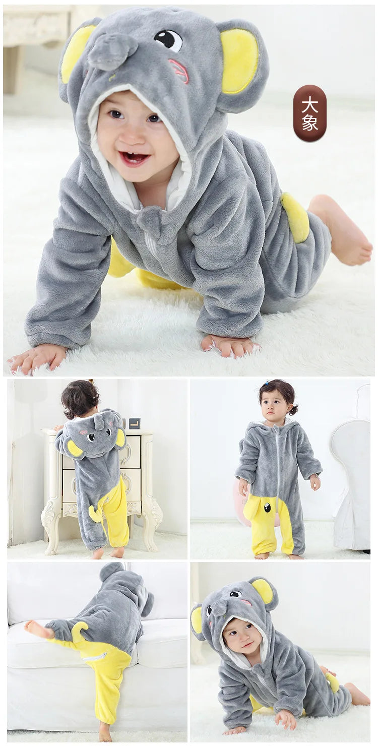 Baby Animal Hooded Costume Jumpsuit with Flannel Styling, Duck, Rabbit, Leopard and More Dress-Up Options for Boys and Girls, Sizes 70-120
