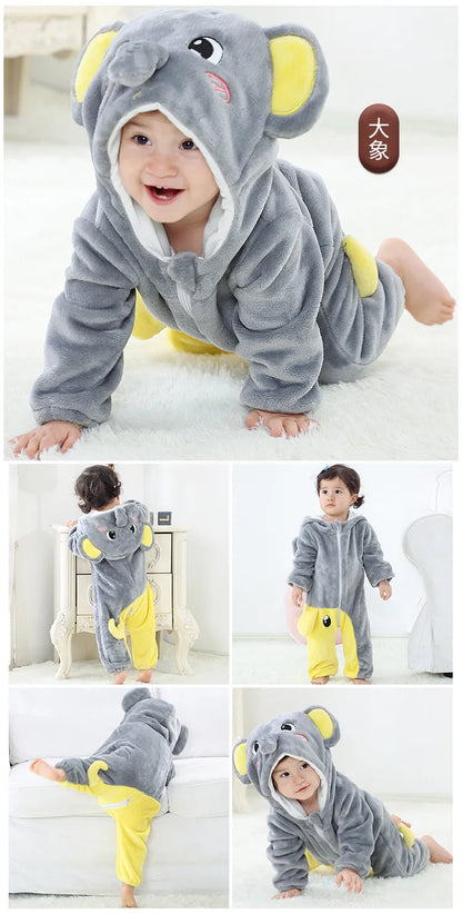 Baby Animal Hooded Costume Jumpsuit with Flannel Styling, Duck, Rabbit, Leopard and More Dress-Up Options for Boys and Girls, Sizes 70-120