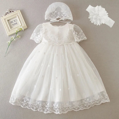 Baby Baptism Gown for Girls with Long Sleeves, Lace Details and Cotton Lining, Dress and Cap Set for Christening and First Birthday Photos