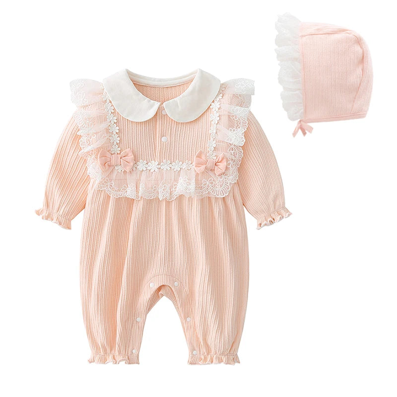 Baby Girl Jumpsuit and Hat Set with Ink-Style Print and Ruffled Yoke, Long Sleeve Cotton Outfit for Spring, Fall and Family Photos, Sizes 59-90