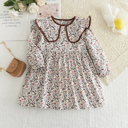 Toddler Girls Floral Dress with Oversized Collar and Long Sleeves, Bear Leader Outfit in Sizes 2T–6T for Spring, Fall and Family Photos