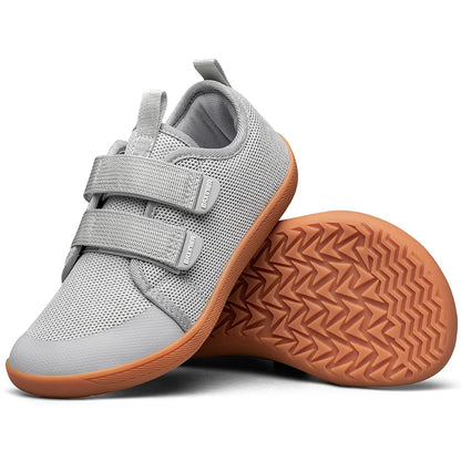 Kids Barefoot-Style Mesh Sneakers with Wide Toe and Double-Strap Fastening, Breathable Knitted Casual Walking Shoes in Gray, Black or Blue for Boys and Girls