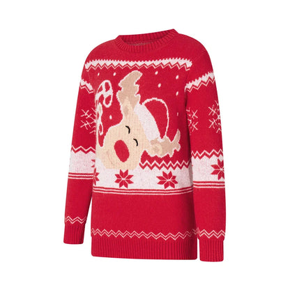 Reindeer Family Christmas Sweaters in Red or Green, Matching Mom Dad and Kids Long Sleeve Crewneck Pullovers for Holiday Photos and Parties