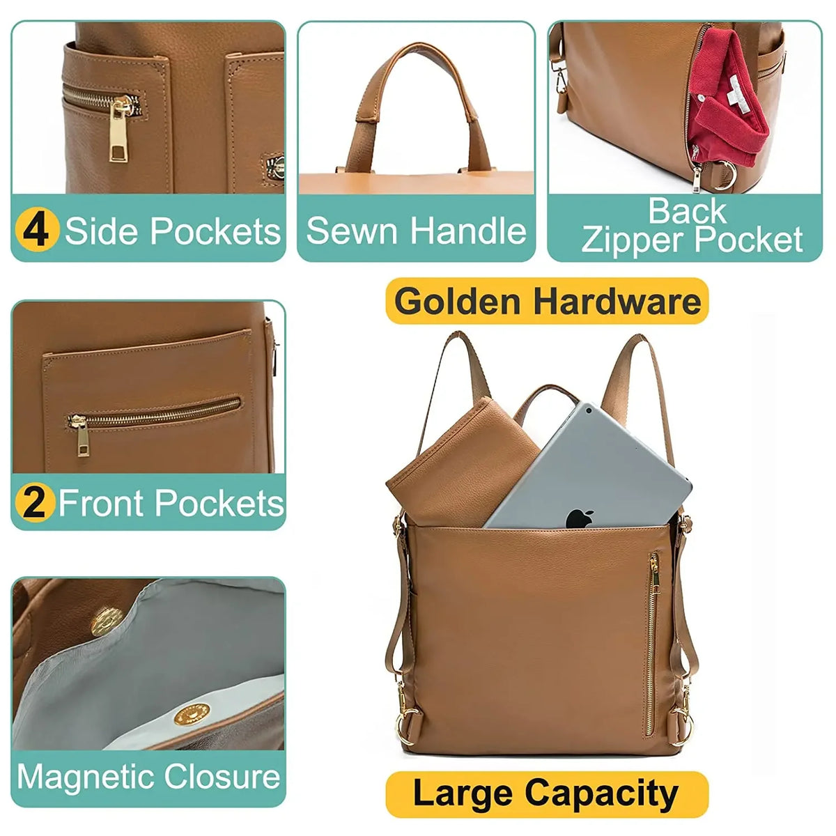 Convertible Diaper Backpack in PU Leather with Changing Pad, 11 Storage Pockets, Insulated Bottle Pockets and Shoulder Straps for Parents