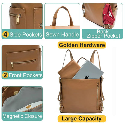 Convertible Diaper Backpack in PU Leather with Changing Pad, 11 Storage Pockets, Insulated Bottle Pockets and Shoulder Straps for Parents