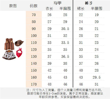 Girls Cowgirl Costume Set with Brown Fringe Vest, Cow-Print Skirt, Hat and Bandana, Western Dress-Up Outfit for Halloween and Birthday Parties