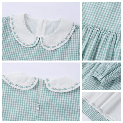 Sage Green Gingham Kids Outfits with Cotton Girls Dress and Baby Romper Options, Lyocell Knit Layers and Boys Separates for Sibling Family Photos