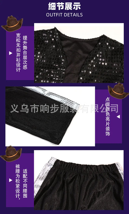 Kids Dance Star Costume Set, Metallic Shiny Retro 80s and 90s Stage Outfit for Boys and Girls, Cosplay and Party Dress-Up in Sizes M–XXXL