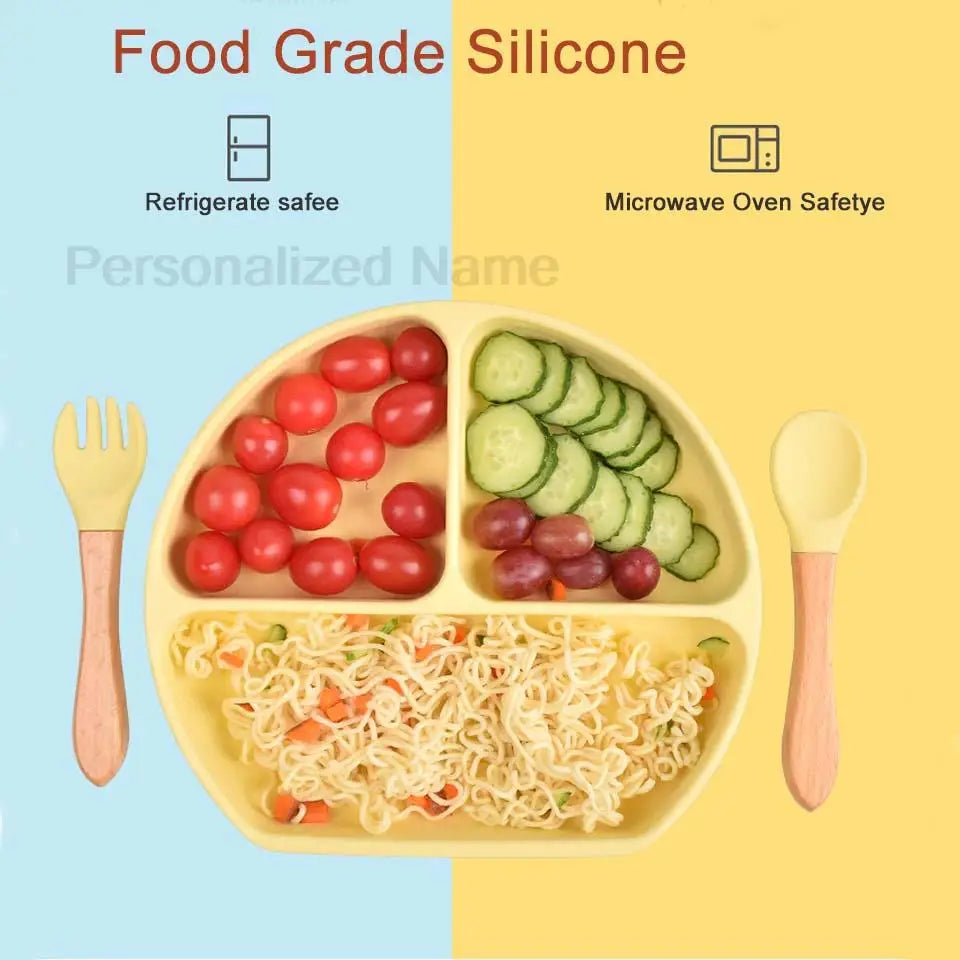 Personalized Baby Feeding Set with Silicone Suction Plate, Bowl, Spoon and Fork, 4-Piece or 6-Piece Tableware Options for Supervised Mealtimes