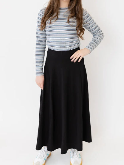 Denim Panel Pleated Skirt for Girls, Teens and Women, Washed Blue and Gray Cotton Styles with Black Jersey Option for Everyday Casual Outfits