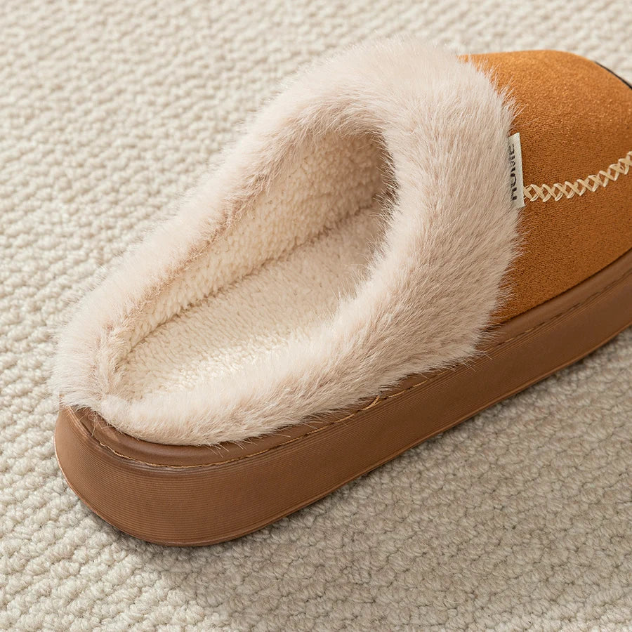 Plush Lined House Slippers with Thick Soles and Decorative Stitching, Cozy Slip-On Indoor Home Shoes in Brown, Beige or Black, Sizes 36-45