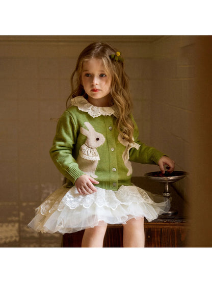 Girls Bunny Jacquard Cardigan, Green Button-Front Knit Sweater with Long Sleeves and Ribbed Cuffs and Hem for Spring Outings and Fall Layering