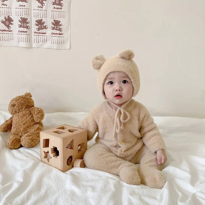 Plush Baby Footed Jumpsuit with Button Front, Bear-Inspired Autumn Winter One-Piece Outfit for Boys and Girls in Four Colors