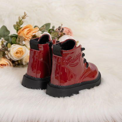 Kids PU Leather Combat Ankle Boots with Lace-Up Front, Side Zipper and Black Chunky Soles, Boys and Girls Fall Winter Shoes in Sizes 21-30
