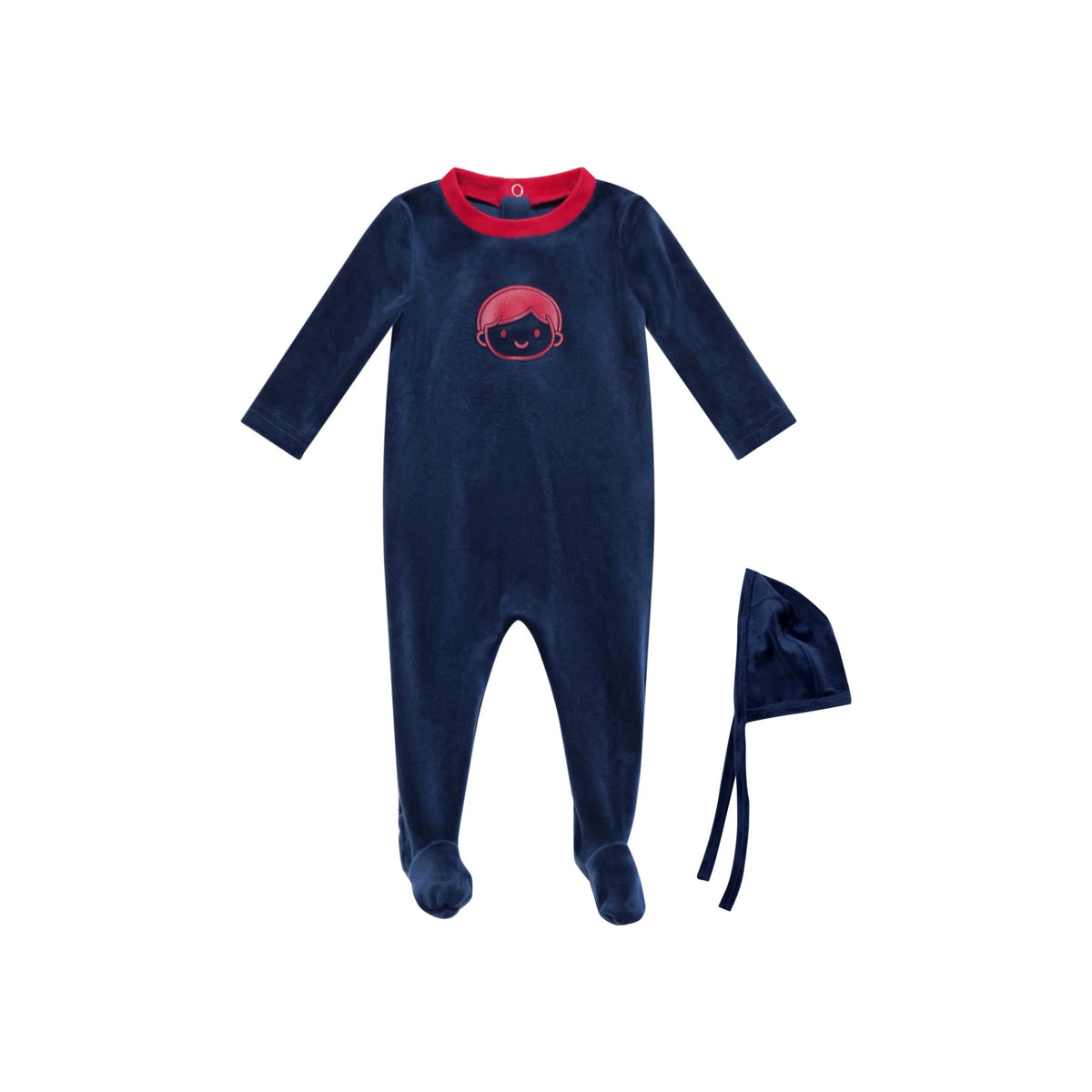 Kids Velour Pajamas with Printed Face Motifs, Red and Navy Long Sleeve Lounge Sets with Baby Footie and Teen Dress Options for Coordinated Outfits