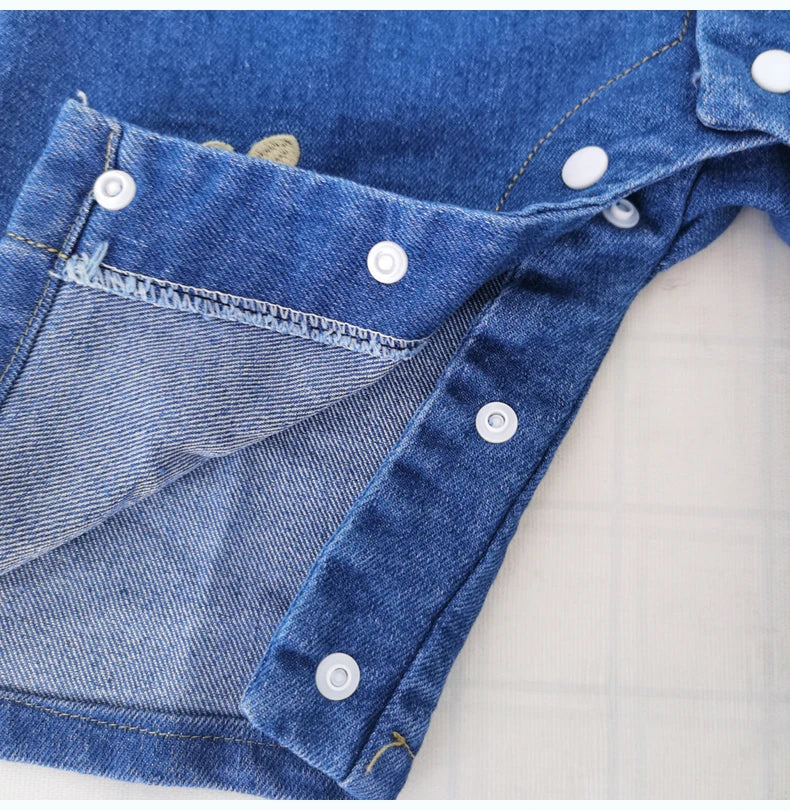 Collared Baby Denim Romper by IENENS with Chest Pockets and Snap Fastenings, Blue Long Sleeve One-Piece Outfit for Boys and Girls in 0-18M Sizes