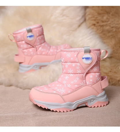 Snowflake Print Kids Winter Boots with Padded Shafts, Pull Tabs and Chunky Tread Soles, Pink Snow-Style Footwear for Boys and Girls