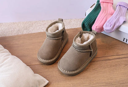 Toddler Plush Winter Booties with Contrast Stitching and Rear Pull Tabs, Camel, Black or Army Green Short Boots for Boys and Girls, Sizes 18-25