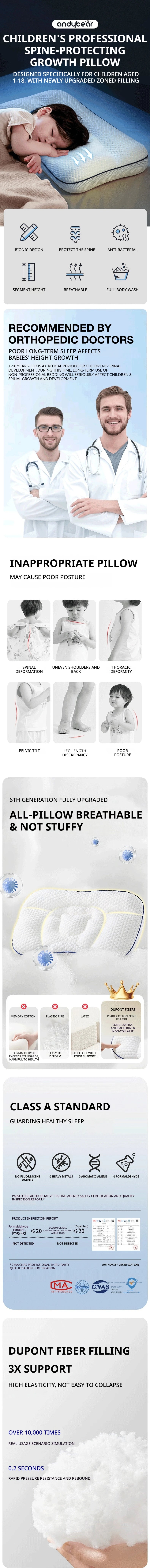 Dual-Sided Kids Contour Pillow with Five-Zone Design, Bamboo Fabric and Tencel Cover, Fiber Filling and T1 T2 T3 Pillowcase Options for Older Children